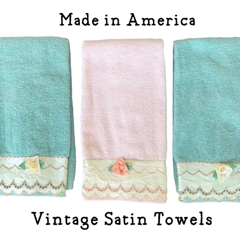 Vintage-y 1960’s Satin Lace Rosebud large Hand towel Retro decor Pink & Blue